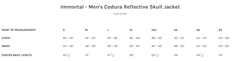 Size Chart for Immortal - Men's Cordura Reflective Skull Jacket - SKU FIM450TEX-FM-BLK