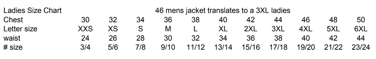 Size Chart for UNIK Ladies Premium Lambskin Leather Biker Jacket - 6845-00-UN