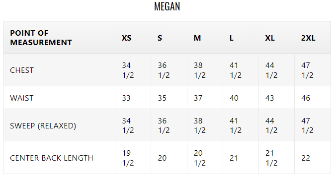 Size chart for Megan, the vegan blue suede jacket for women.