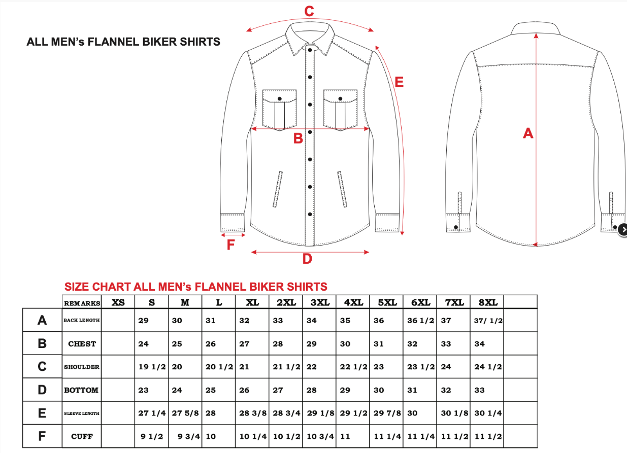 Size chart for men's flannel motorcycle shirts.