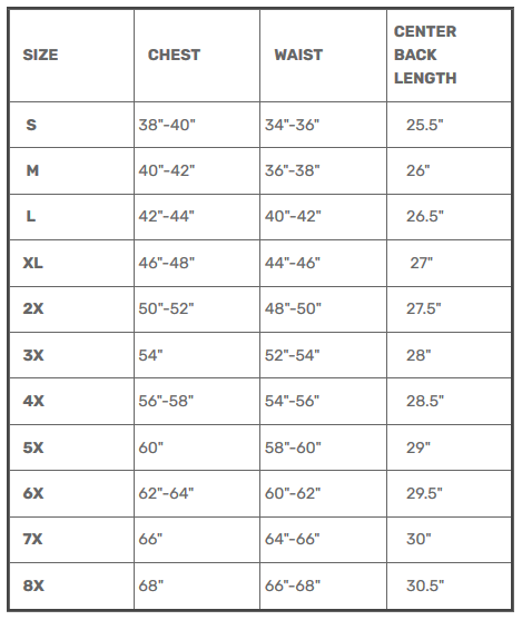 Size Chart for Fairfax V2 - Men's Motorcycle Canvas Vest - SKU GRL-FIM633CNVS-FM
