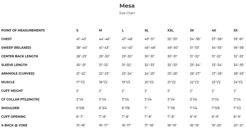 Size chart for Mesa men's leather shirt.