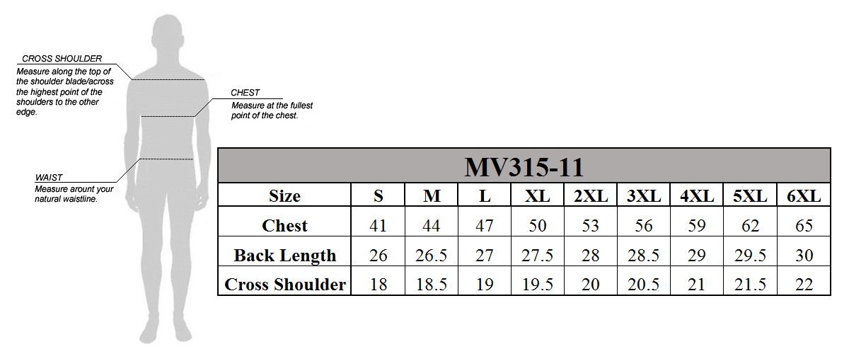 Size chart for men's tactical SWAT team leather motorcycle vest.