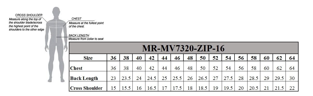 SIZE CHART FOR MEN'S GRAY LEATHER MOTORCYCLE CLUB VEST