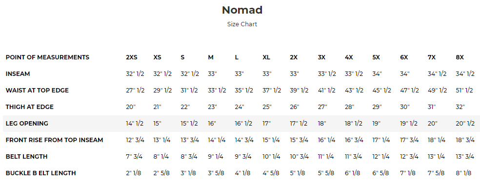Size chart for Nomad leather motorcycle chaps.