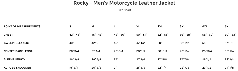 Size Chart for Rocky Men's Leather Racer Style Motorcycle Jacket.