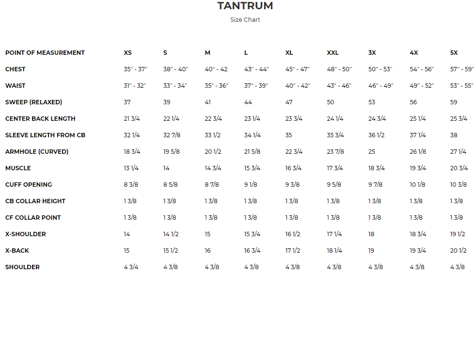 Size chart for Tantrum women's leather motorcycle jacket.