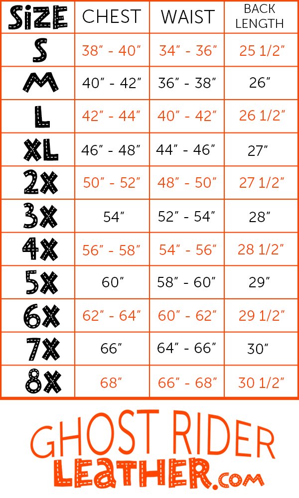 Size chart for men's leather motorcycle vest.